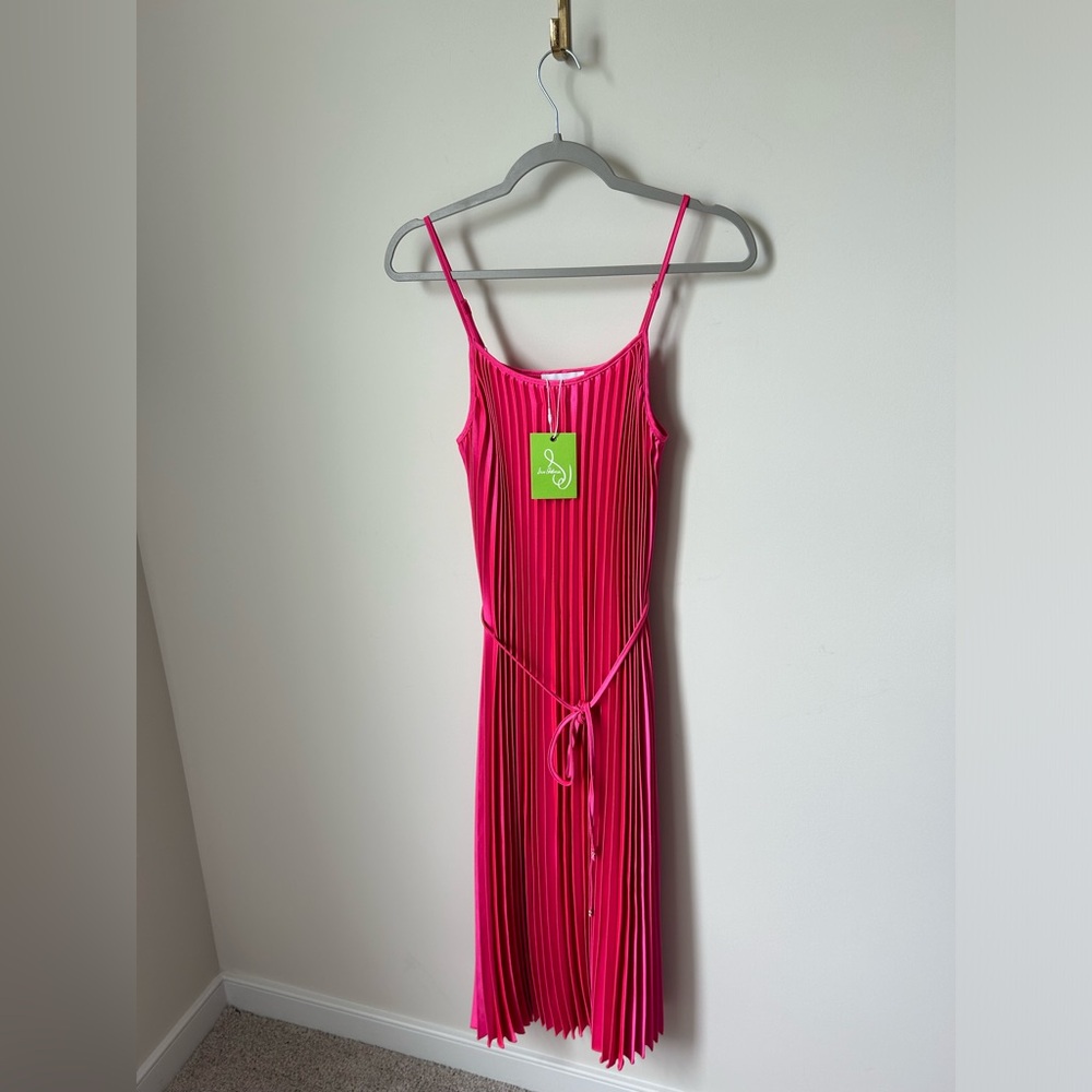 SOLD. Sam Edelman Pleated Hot Pink Midi Dress - Picture 2 of 6